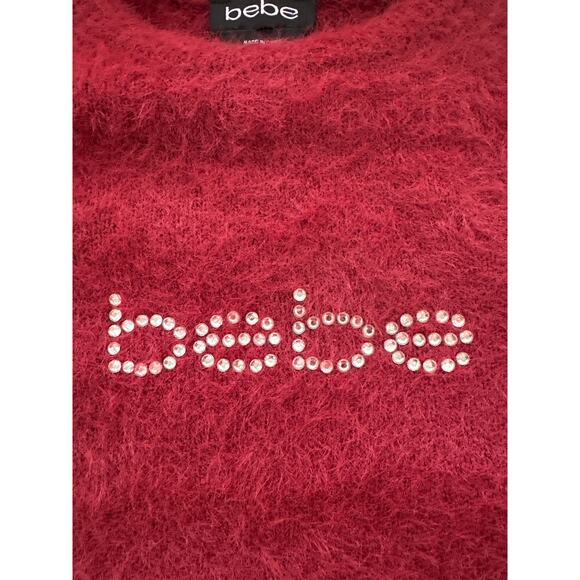 90s Y2K Bebe Fuzzy Sweater M Burgundy Rhinestone Spell-out Going Out Top - Picture 7 of 14
